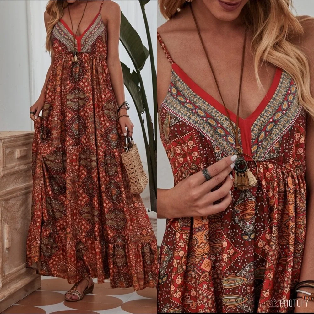 Bohemian Boho Gypsy Ruffle Cami Maxi Dress RED - Picture 4 of 16